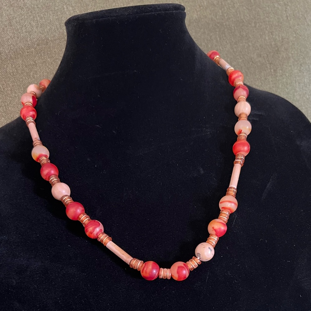 Red and Pink Beaded Necklace with Coral Accents